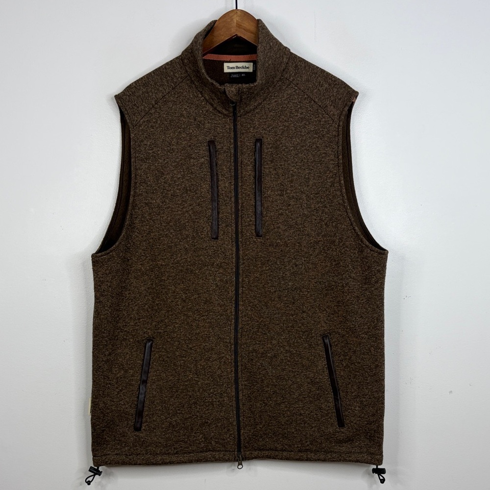 Tom Beckbe Knit Fleece Vest Men XL Brown Full Zip Faux Leather Heritage Workwear